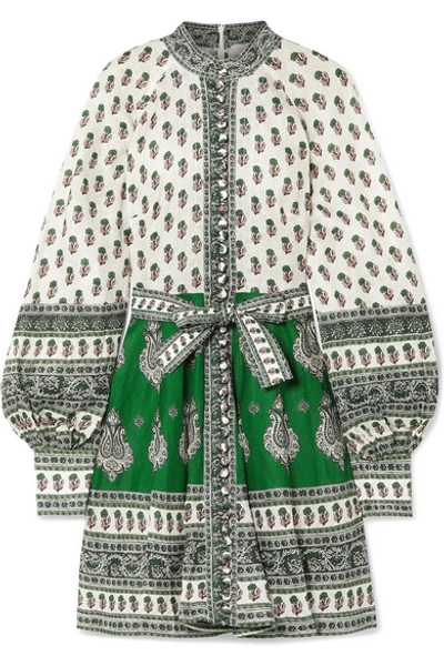 Shop Zimmermann Amari Printed Linen Mini Dress In Green