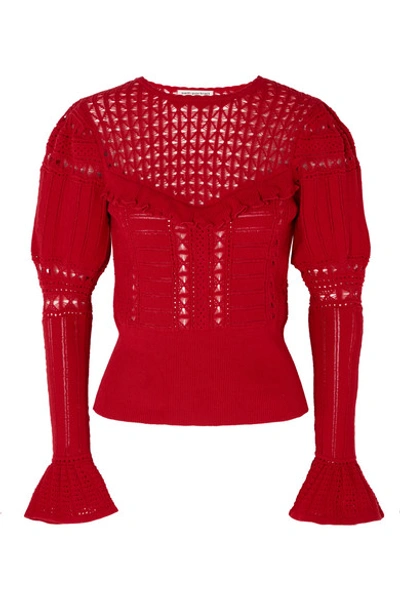 Shop Self-portrait Ruffled Open-knit Cotton Sweater In Red