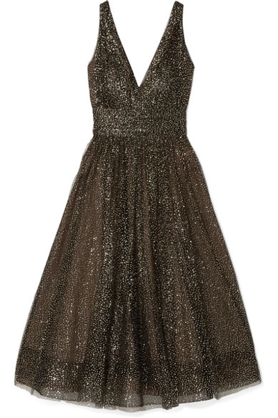 Shop Marchesa Notte Glittered Tulle Midi Dress In Black