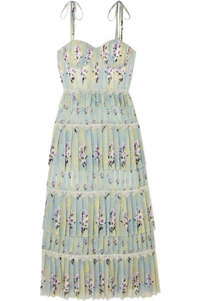 Shop Self-portrait Tiered Floral-print Chiffon Midi Dress In Mint