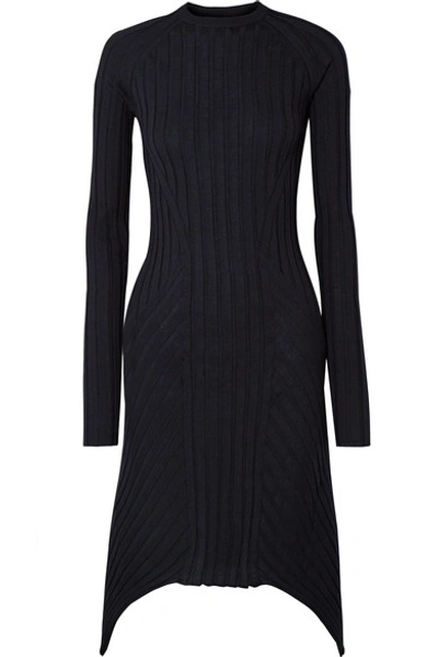 Shop Helmut Lang Asymmetric Ribbed Wool Dress In Midnight Blue