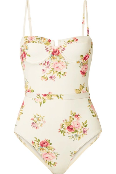 Shop Zimmermann Honour Floral-print Underwired Swimsuit In Cream