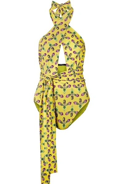 Shop Patbo Cutout Printed Halterneck Swimsuit In Bright Yellow