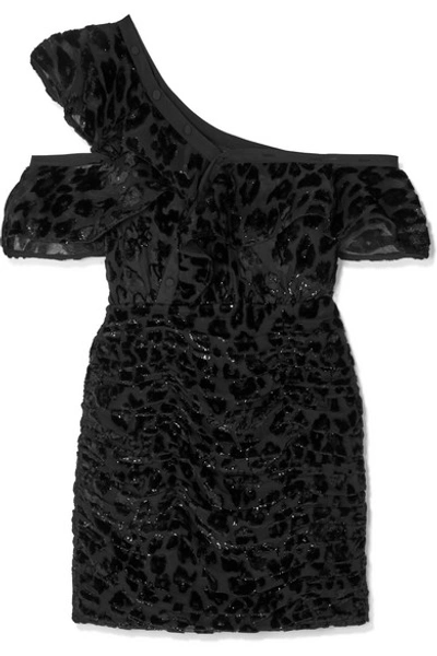 Shop Self-portrait One-shoulder Metallic Flocked Chiffon Mini Dress In Black