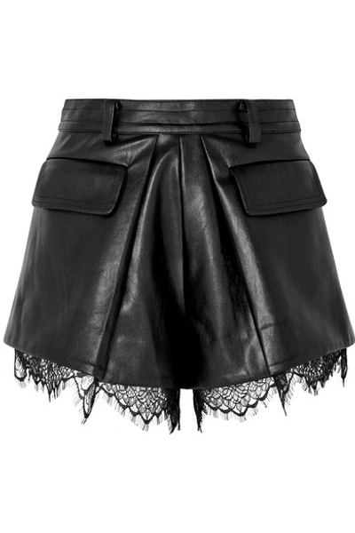 Shop Self-portrait Lace-trimmed Faux Leather Shorts In Black