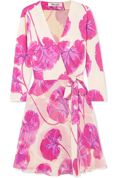 Shop Diane Von Furstenberg Irina Printed Silk-jersey Wrap Mini Dress In Cream