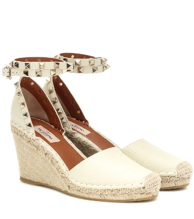 Shop Valentino Rockstud Double Leather Wedge Espadrilles In White