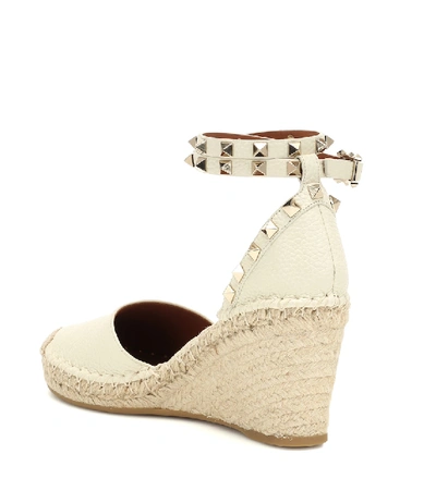 Shop Valentino Rockstud Double Leather Wedge Espadrilles In White