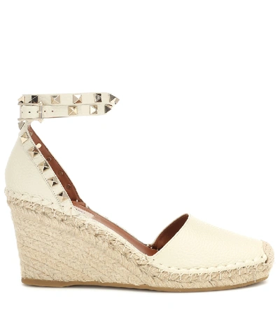 Shop Valentino Rockstud Double Leather Wedge Espadrilles In White