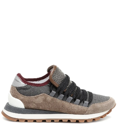 Shop Brunello Cucinelli Mesh And Suede Sneakers In Grey