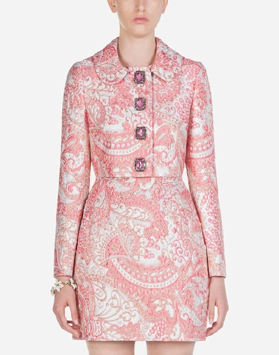 Shop Dolce & Gabbana Cropped Lamé Jacquard Jacket With Bejeweled Buttons In Pink