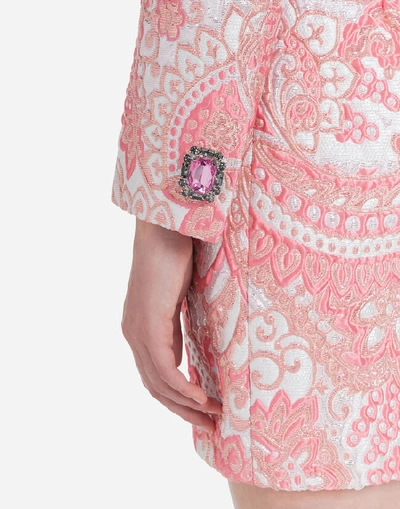 Shop Dolce & Gabbana Cropped Lamé Jacquard Jacket With Bejeweled Buttons In Pink