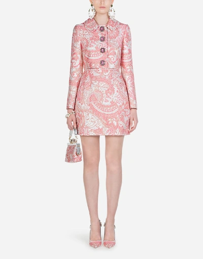 Shop Dolce & Gabbana Cropped Lamé Jacquard Jacket With Bejeweled Buttons In Pink