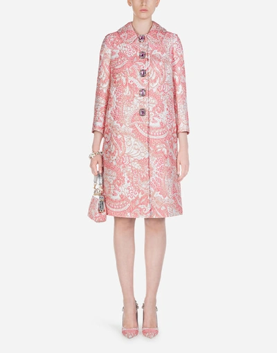 Shop Dolce & Gabbana Lamé Jacquard Coat With Bejeweled Buttons In Pink