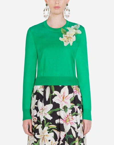Shop Dolce & Gabbana Short Silk Sweater With Embroidery In Green