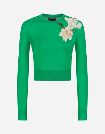Shop Dolce & Gabbana Short Silk Sweater With Embroidery In Green
