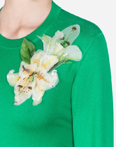 Shop Dolce & Gabbana Short Silk Sweater With Embroidery In Green