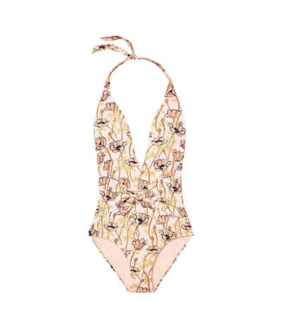 Shop Tory Burch Printed Tie-front One-piece In Pink Poppies Bloom
