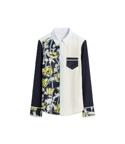 Shop Tory Burch Printed Contrast Silk Shirt In Navy Poppies Bloom
