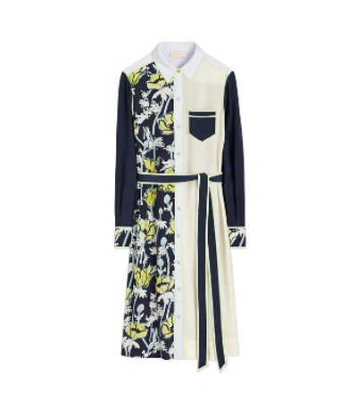 Shop Tory Burch Silk Patchwork Dress In Navy Poppies Bloom