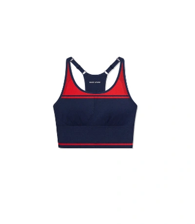 Shop Tory Sport Two-tone Seamless Cami Long Bra In Tory Navy / Red