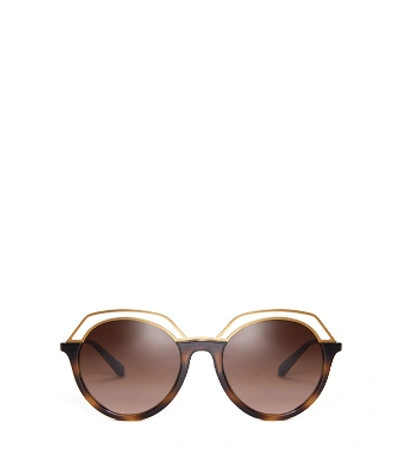Shop Tory Burch Open-rim Round Sunglasses In Dark Tortoise/matte Gold