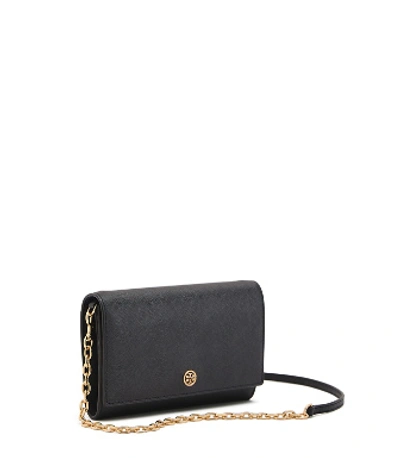 Shop Tory Burch Robinson Chain Wallet In Black/royal Navy