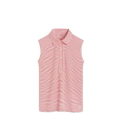 Shop Tory Sport Performance Striped Sleeveless Ruffle Polo In Red Pinstripe