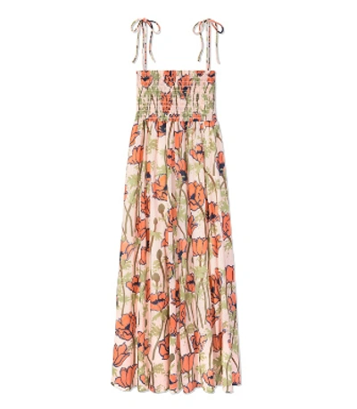 Shop Tory Burch Convertible Smocked Printed Beach Dress In Pink Poppies Bloom
