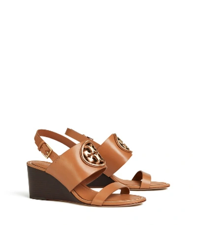 Shop Tory Burch Miller Metal-logo Wedge Sandal, Leather In Tan/rose Gold