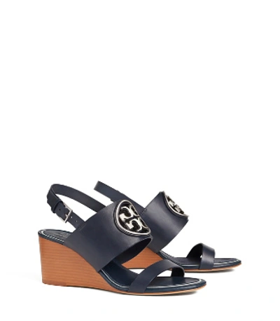 Shop Tory Burch Miller Metal-logo Sandal Wedges, Leather In Perfect Navy / Silver