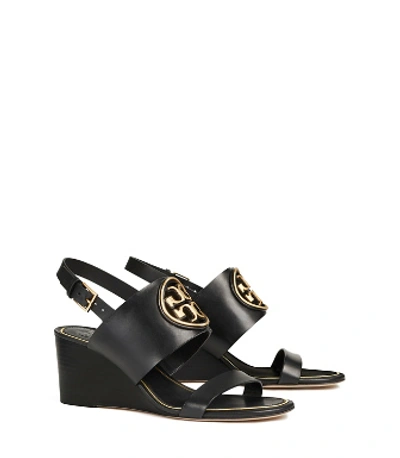 Shop Tory Burch Miller Metal-logo Wedge Sandal, Leather In Perfect Black/gold