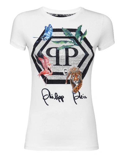 Shop Philipp Plein T-shirt Round Neck Ss Jungle In White