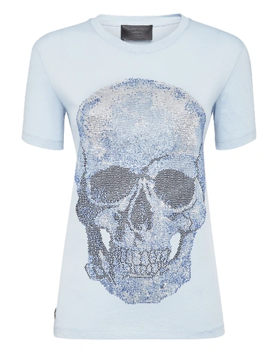 Shop Philipp Plein T-shirt Round Neck Ss Skull In Light Blue