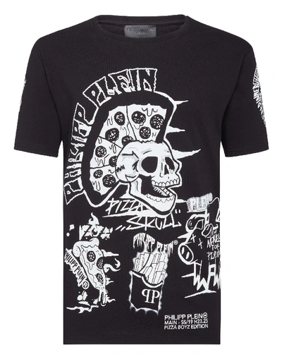 Shop Philipp Plein T-shirt Round Neck Ss Pizza Boy In Black / White