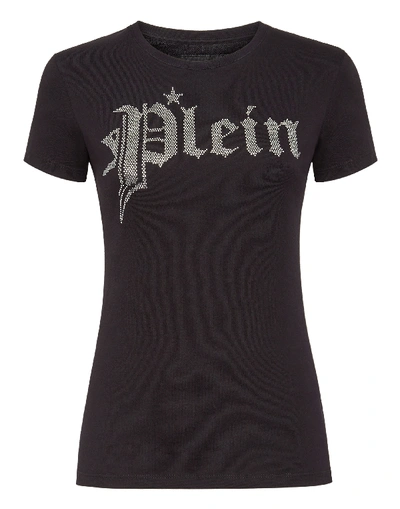 Shop Philipp Plein T-shirt Round Neck Ss Gothic Plein In Black / Crystal