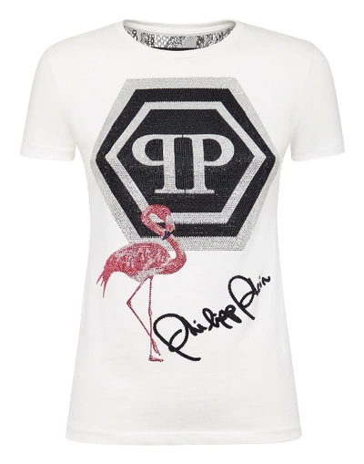 Shop Philipp Plein T-shirt Round Neck Ss Signature In White