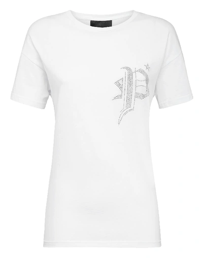 Shop Philipp Plein T-shirt Round Neck Ss Gothic Plein In White / White