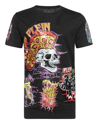 Shop Philipp Plein T-shirt Black Cut Round Neck Pizza Boy