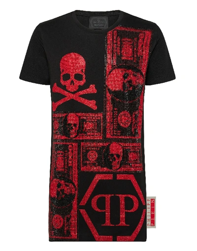 Shop Philipp Plein T-shirt Black Cut Round Neck Dollar In Black / Red