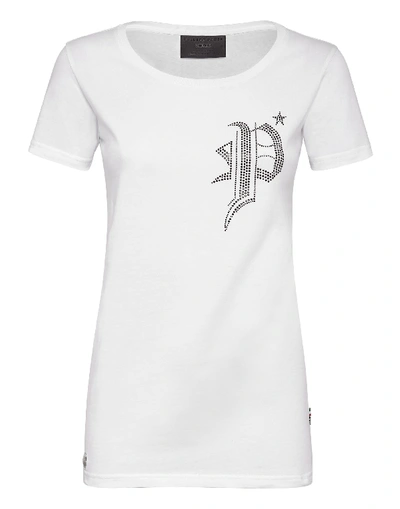 Shop Philipp Plein T-shirt Round Neck Ss Gothic Plein In White / Black