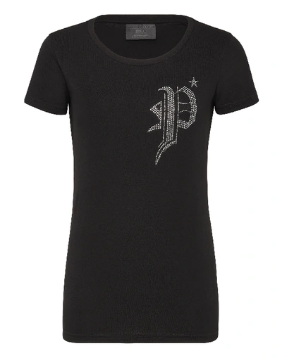 Shop Philipp Plein T-shirt Round Neck Ss Gothic Plein In Black / White