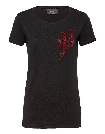Shop Philipp Plein T-shirt Round Neck Ss Gothic Plein In Black / Red
