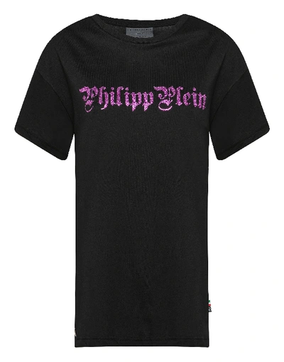 Shop Philipp Plein T-shirt Round Neck Ss Skull In Black+fuchsia