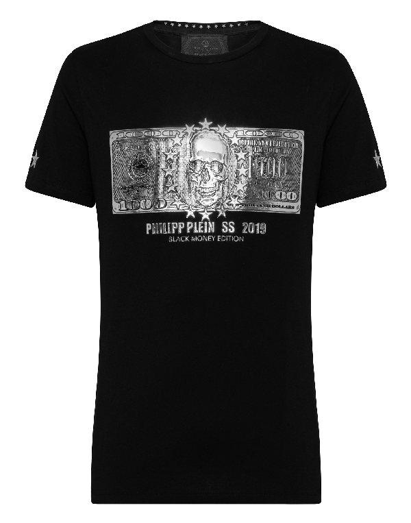 Philipp Plein T-shirt Round Neck Ss Dollar In Black/silver | ModeSens