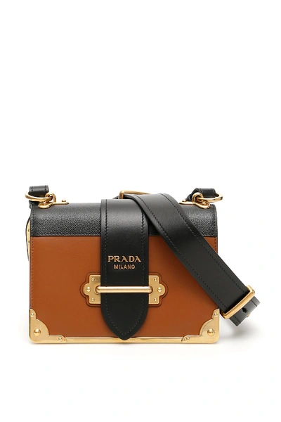 Shop Prada Bicolor Cahier Bag In Cognac Nero (brown)