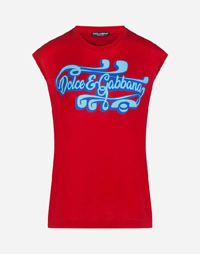 Shop Dolce & Gabbana Sleeveless Jersey T-shirt With Print In Red