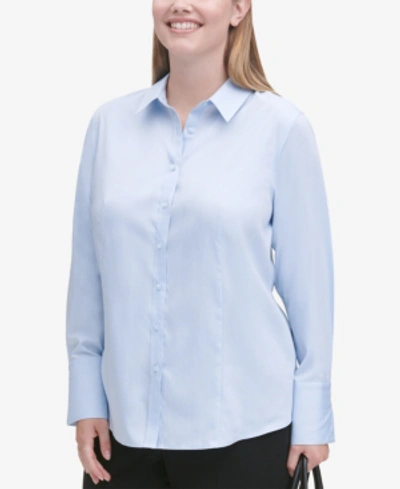 Shop Calvin Klein Plus Size Cotton Collared Shirt In Blue