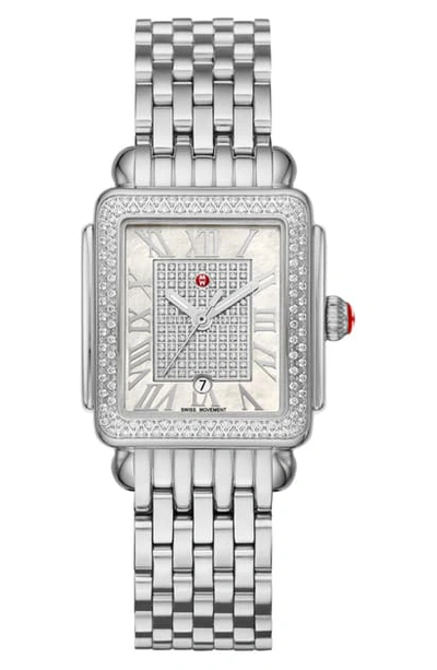 Shop Michele Deco Madison Diamond Watch Head & Bracelet, 29mm X 31mm In Silver/ White Mop/ Silver