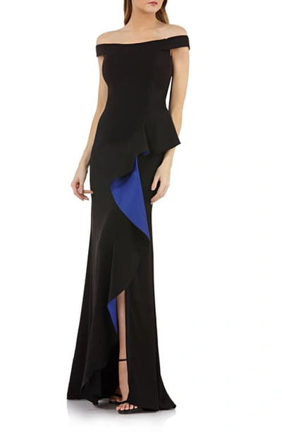 Shop Carmen Marc Valvo Infusion Ruffle Off The Shoulder Gown In Black/ Cobalt